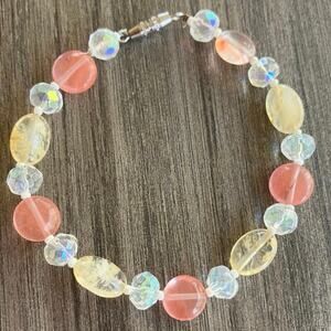 Pink Yellow Quartz Handmade Beaded Bracelet Iridescent Sparkle Barrel Clasp SM
